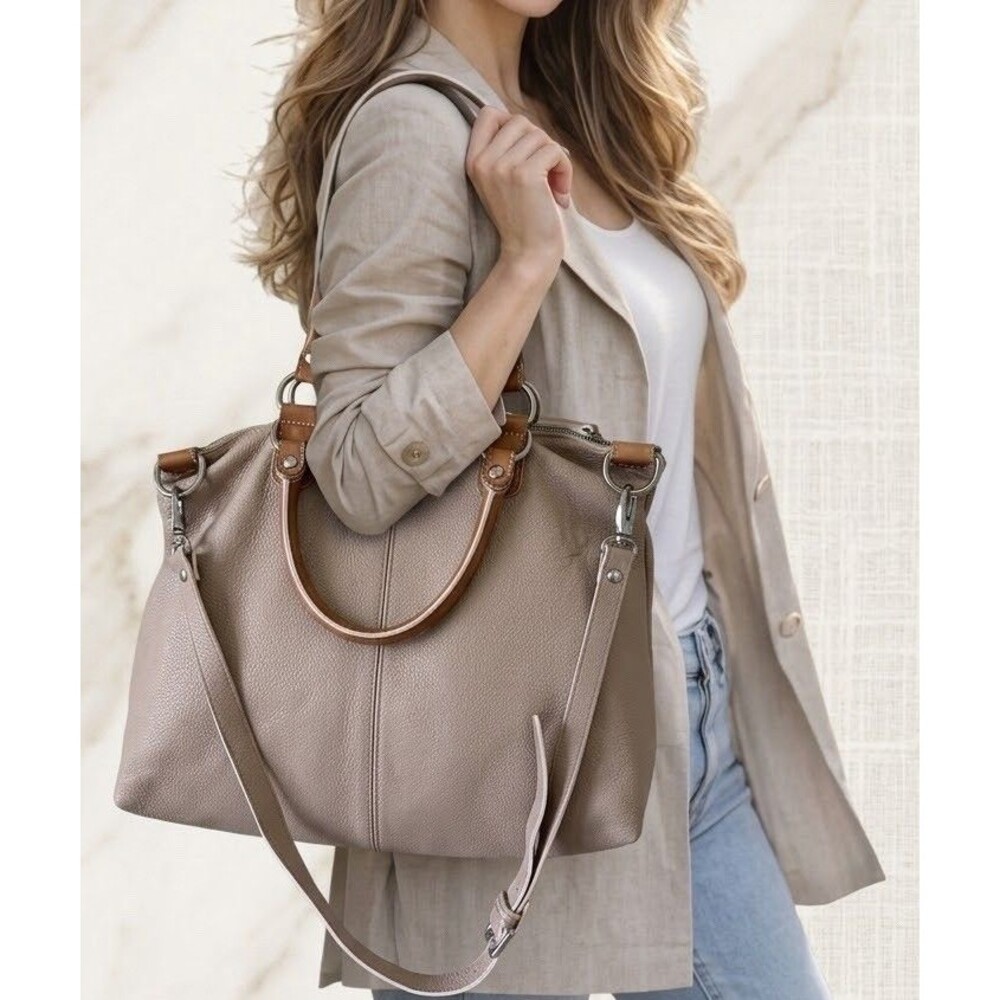 Pulicati Italian Leather Tote Bag Taupe Beige Convertible Crossbody Purse